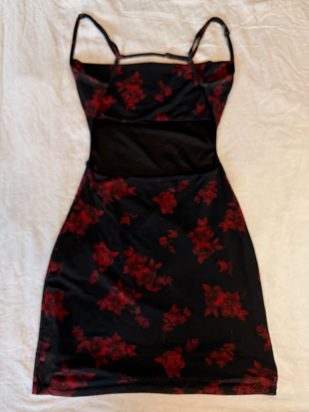 Garage Red Floral Mesh Cowl-Neck Backless Mini Dress - photo 4