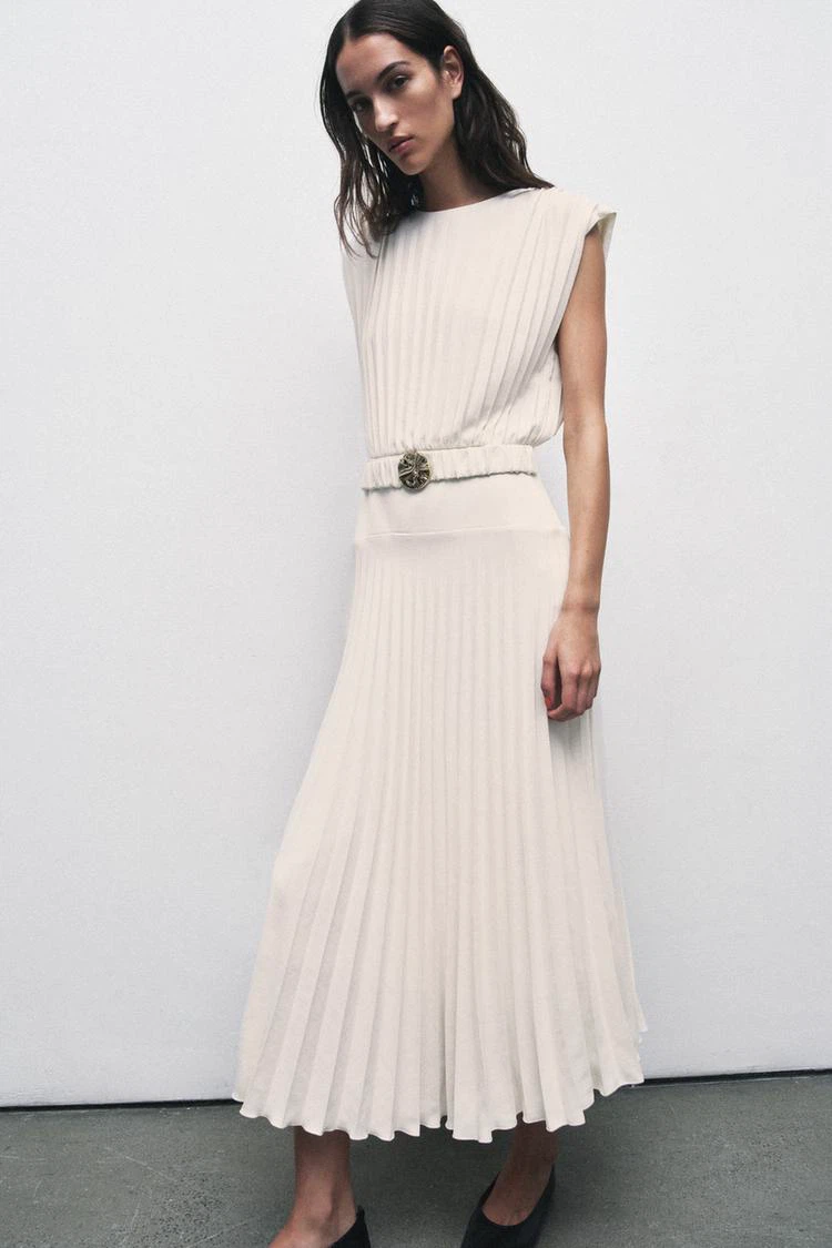 Zara size s NWT Cream Pleated Midi Dress with Belt - photo 2