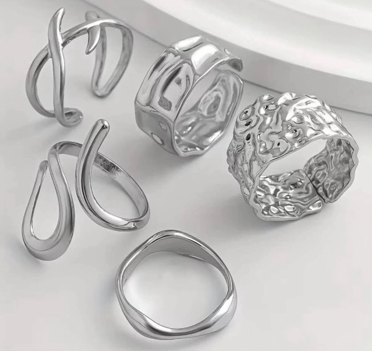 Silver Sculptural Ring Set – 5 Pieces