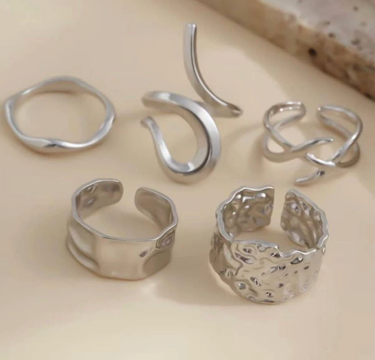 Silver Sculptural Ring Set – 5 Pieces - photo 3