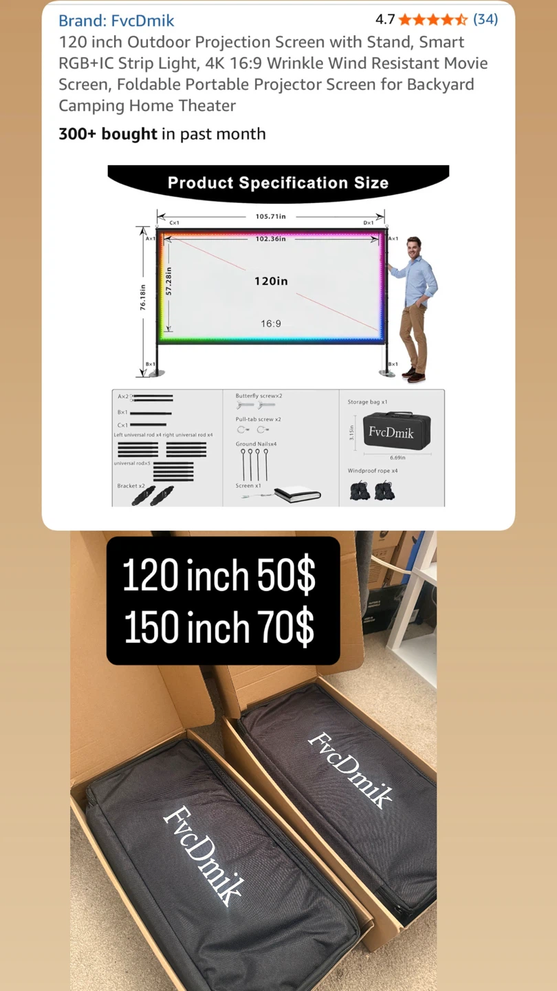 120 Inch Outdoor Projection Screen with Stand and RGB+IC Lights - photo 2