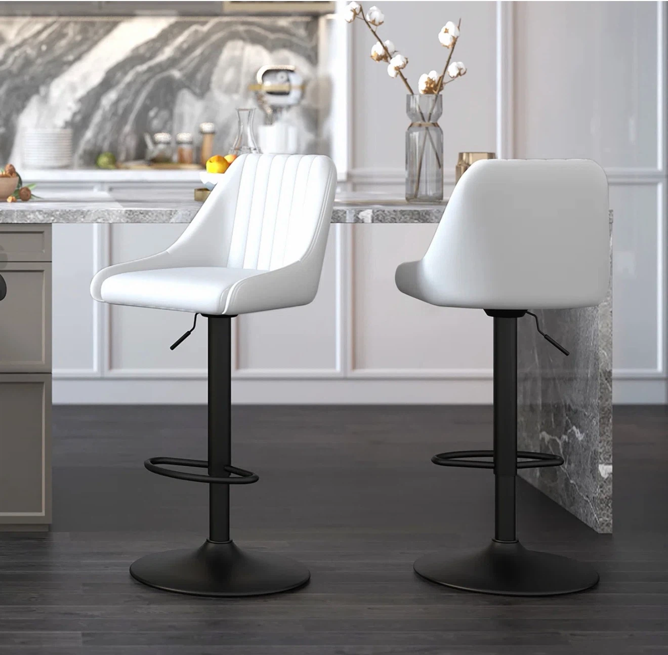 Set of 2 White Adjustable Bar Stools