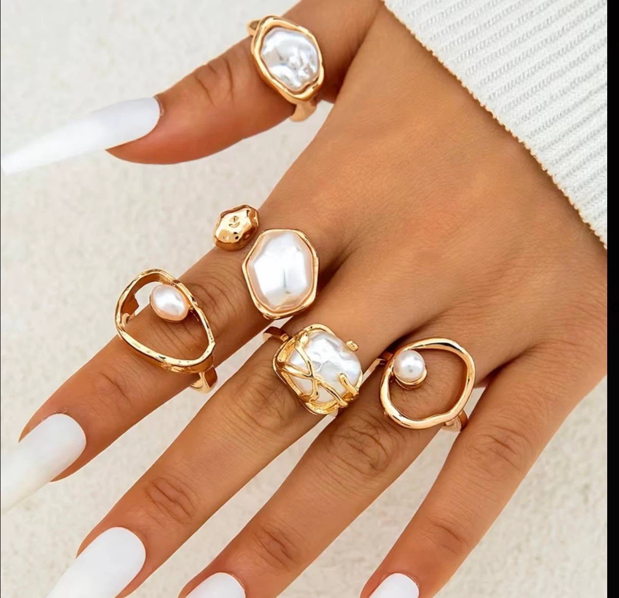 Gold & Pearl Statement Ring Set – 5 Pcs