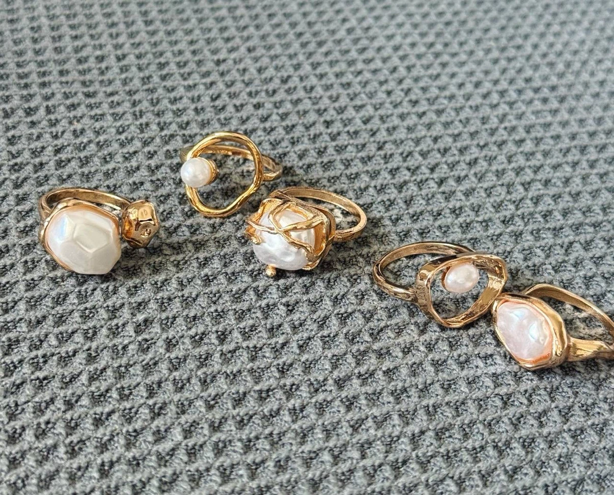 Gold & Pearl Statement Ring Set – 5 Pcs - photo 3