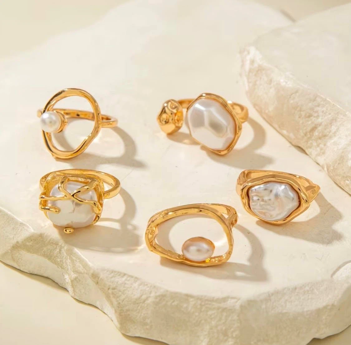 Gold & Pearl Statement Ring Set – 5 Pcs - photo 5
