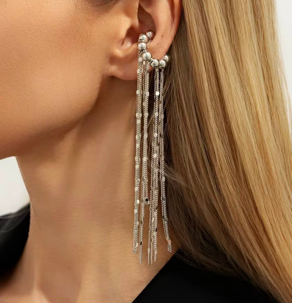 Silver-Tone Tassel Chain Ear Cuff