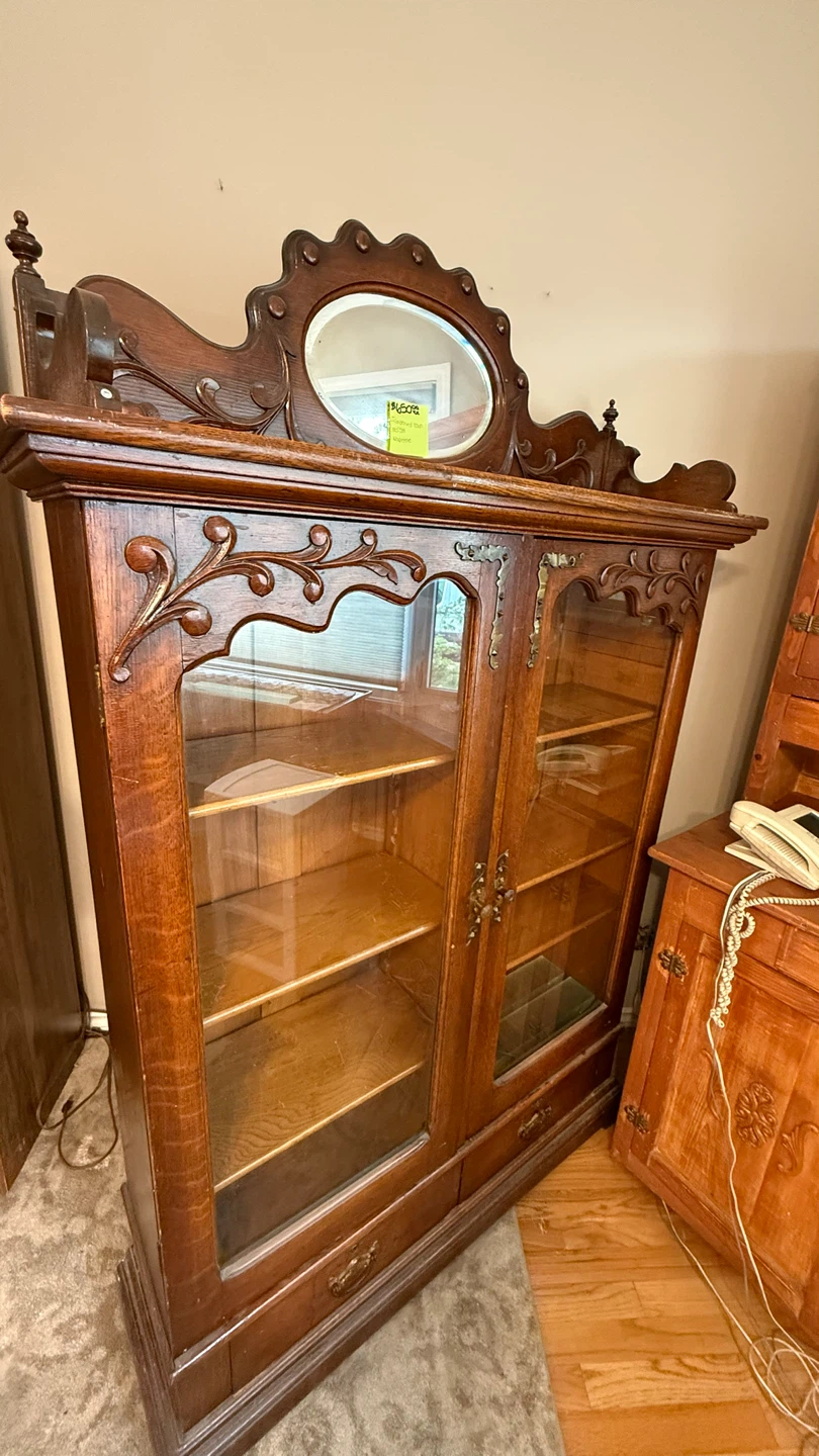 Antique Oak Display Cabinet with Mirror