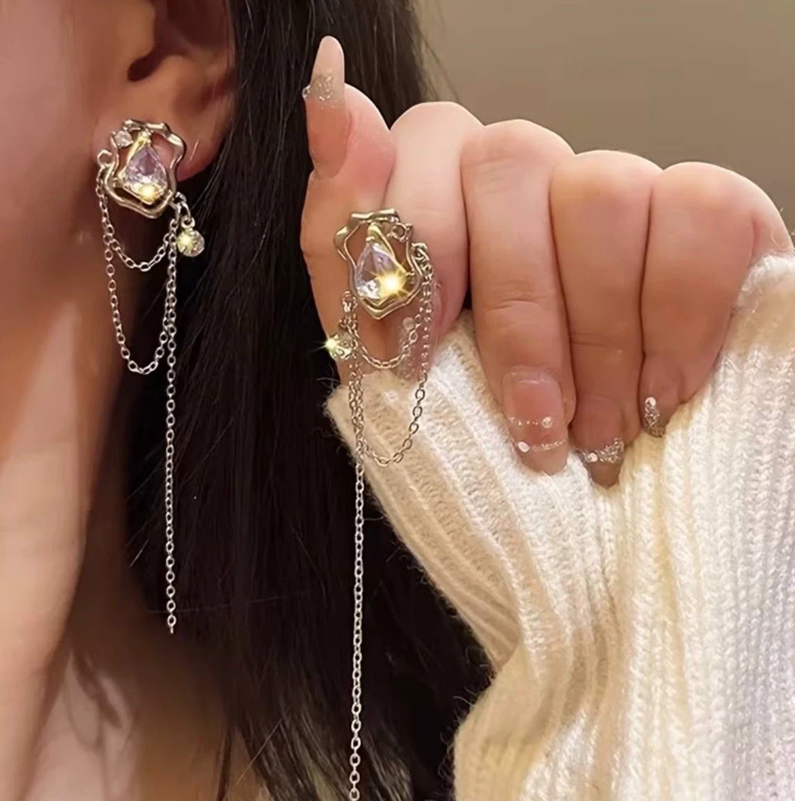 Crystal Drop Earrings with Layered Chain Tassels