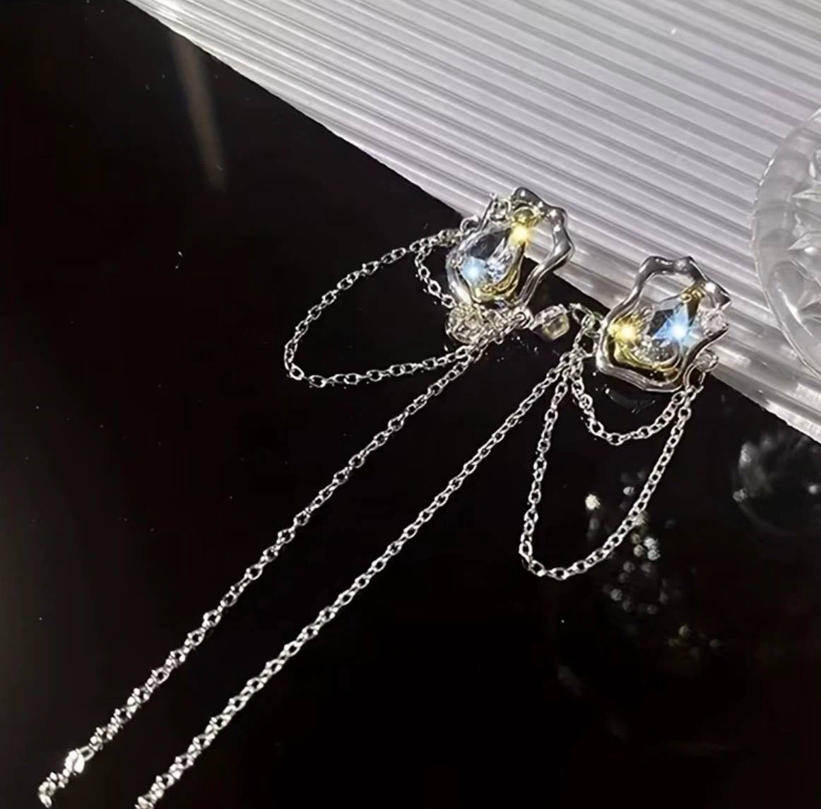 Crystal Drop Earrings with Layered Chain Tassels - photo 3