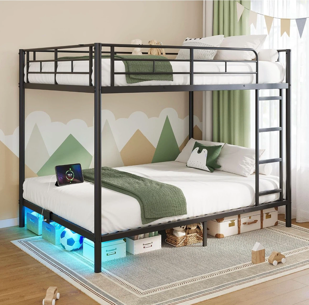 Full-Size Bunk Bed with LED Lights & USB Charging – $300