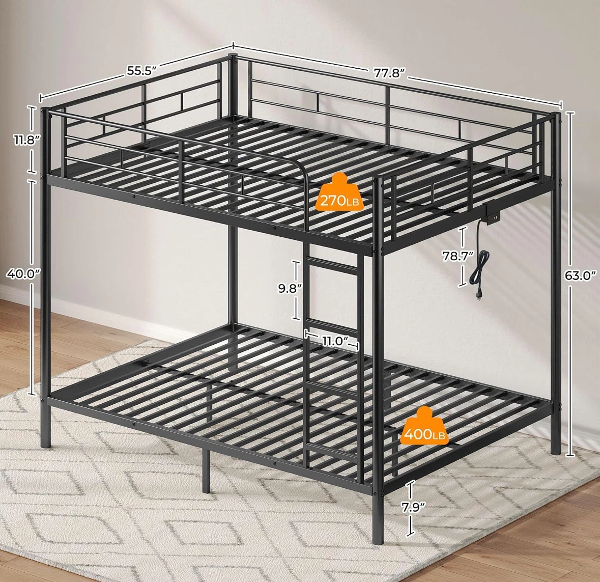 Full-Size Bunk Bed with LED Lights & USB Charging – $300 - photo 2