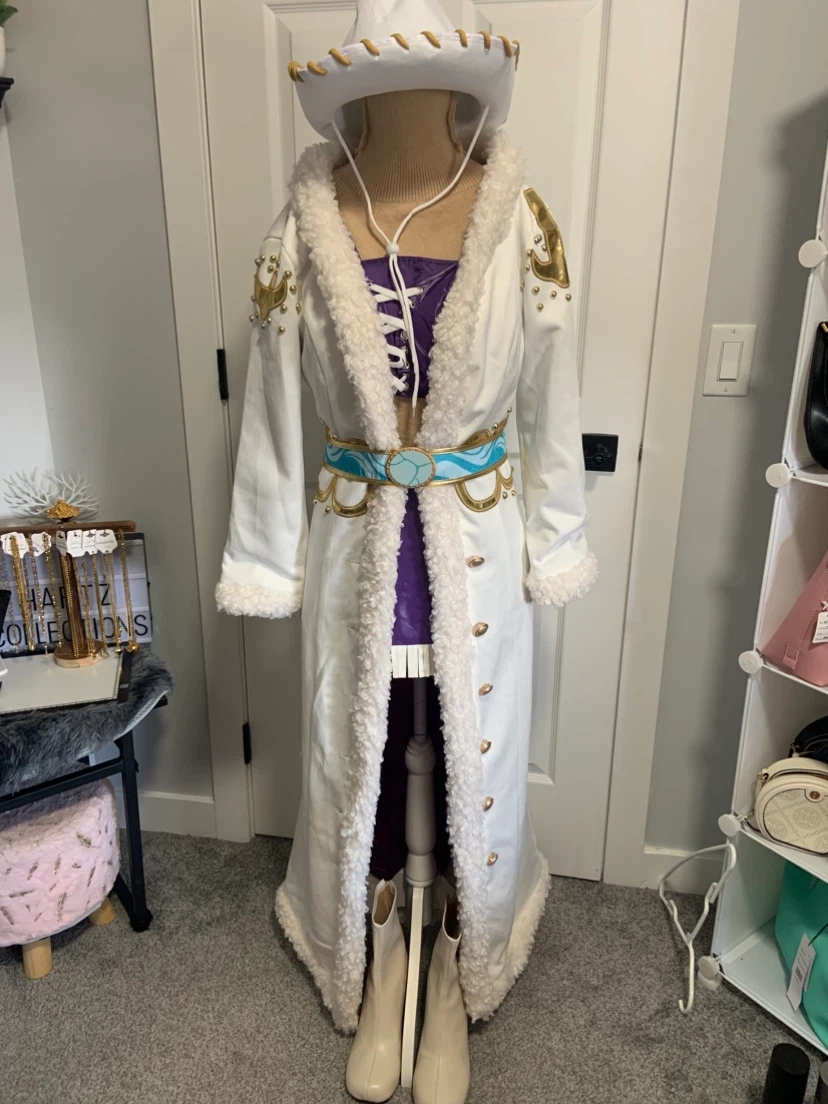 White Cosplay Trench Coat with Fur Trim and Hat