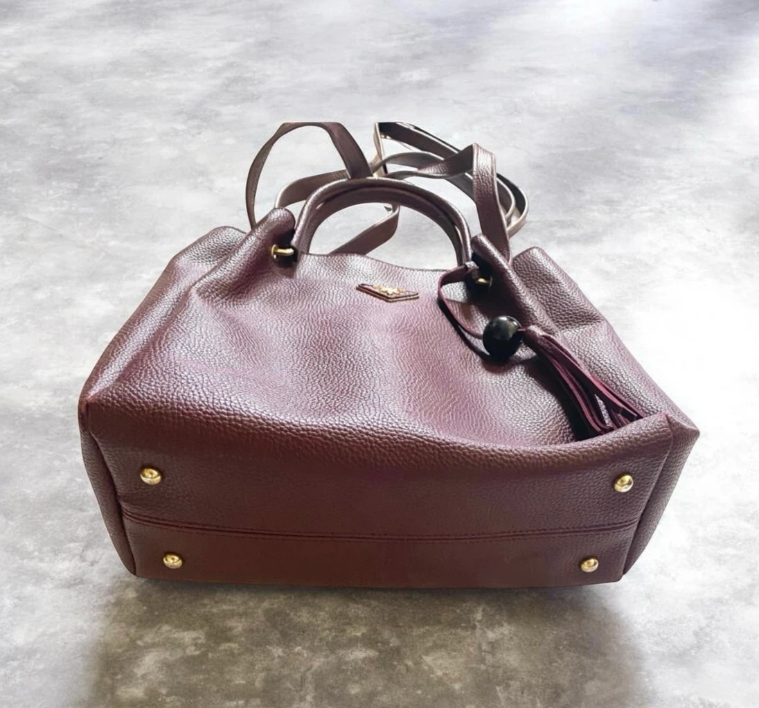Wine-Coloured Pebble Grain Leather Bucket Bag