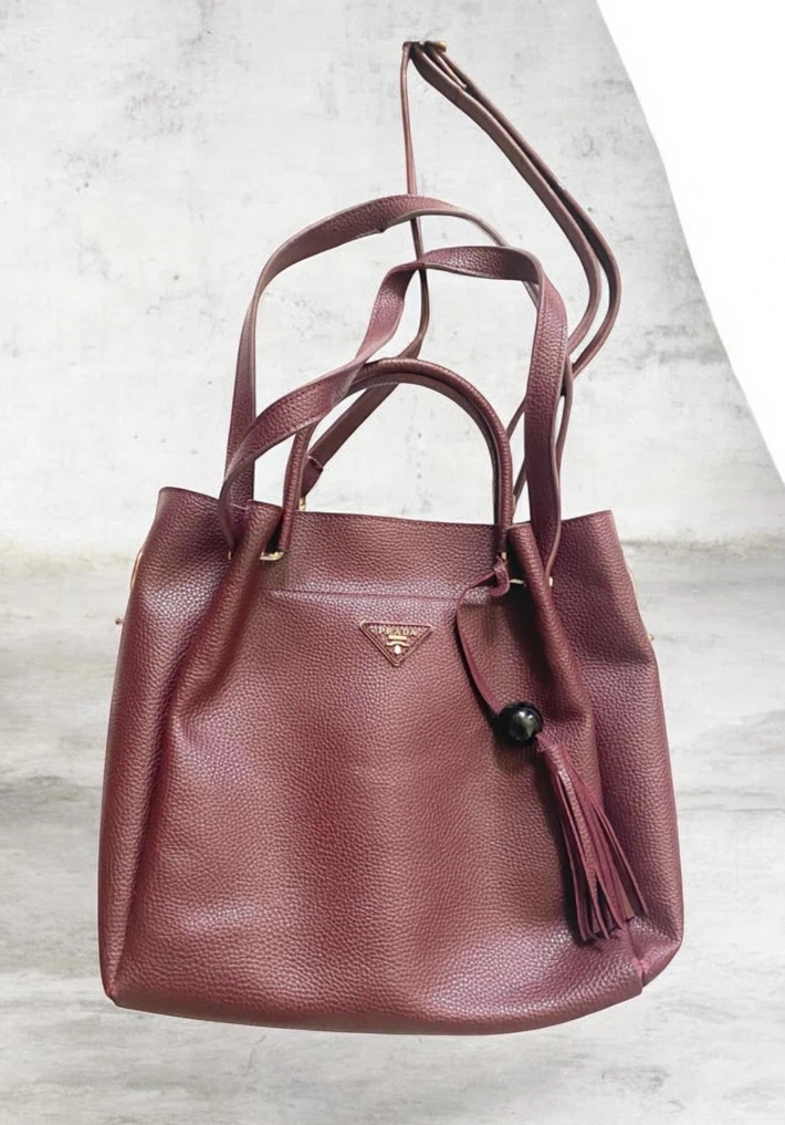 Wine-Coloured Pebble Grain Leather Bucket Bag - photo 2