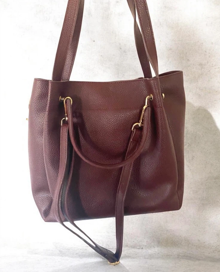 Wine-Coloured Pebble Grain Leather Bucket Bag - photo 4