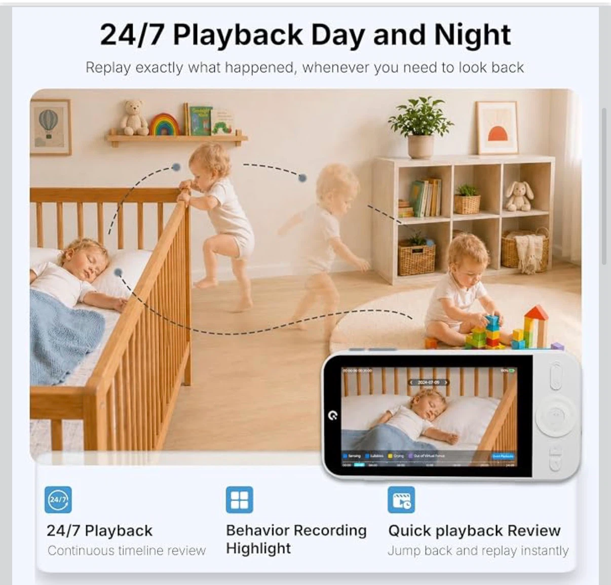 Ognee Baby Monitor with Camera and Audio, 24H Recording - photo 3