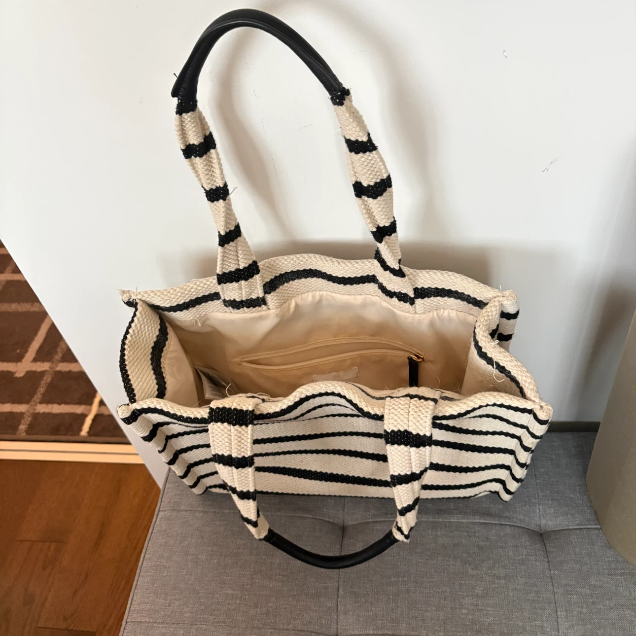 H&M Striped Tote Bag with Faux Leather Handles