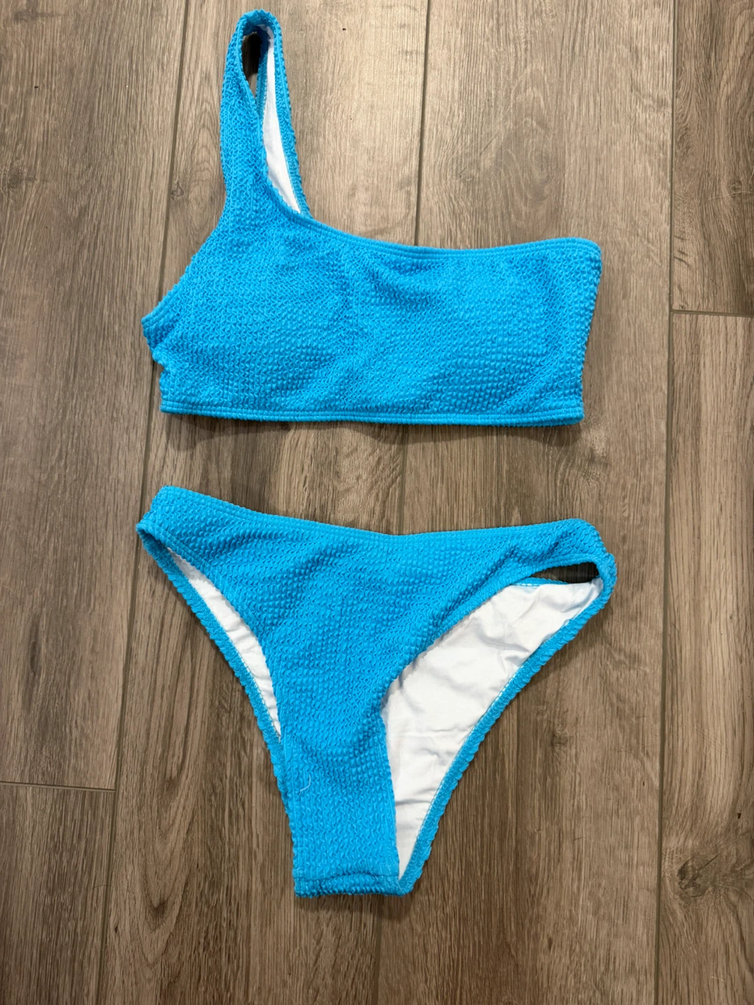 Blue Textured One-Shoulder Bikini Set