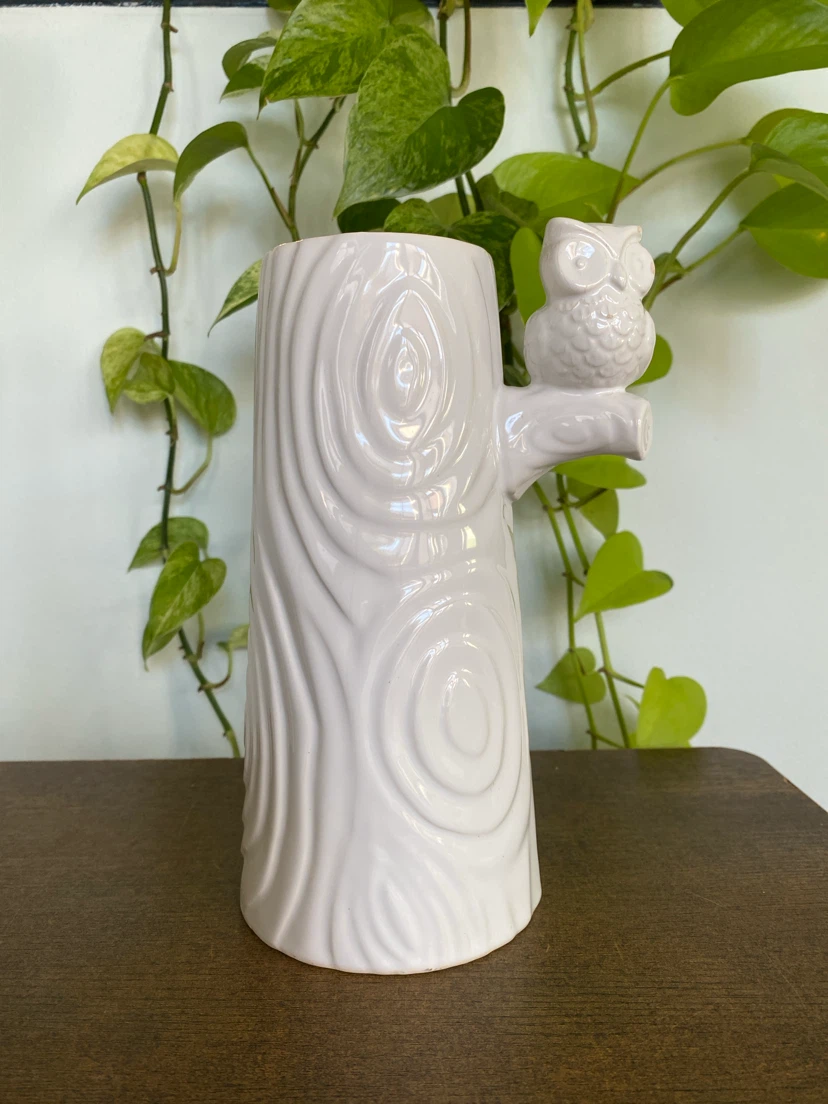 White Ceramic Owl Tree Trunk Vase