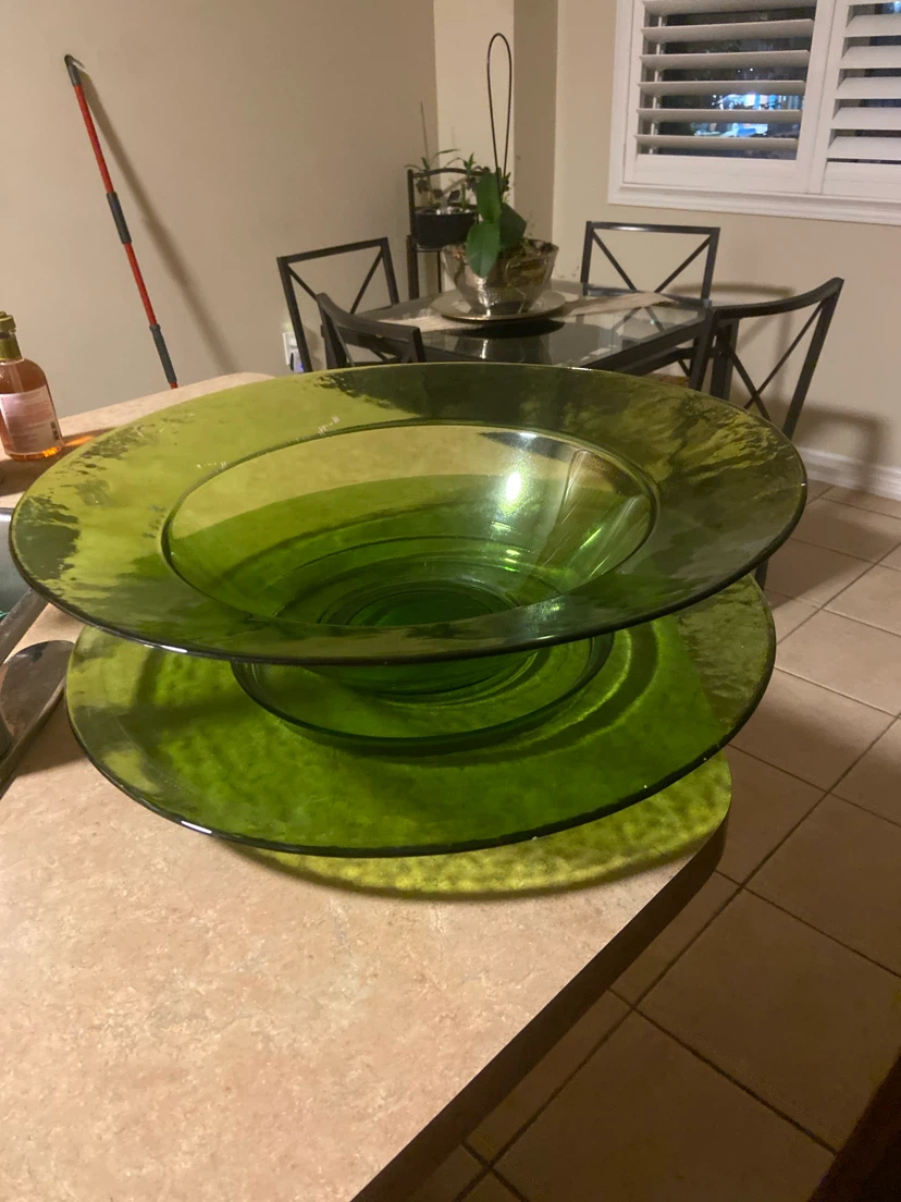 Green Glass  big Bowl and Plate