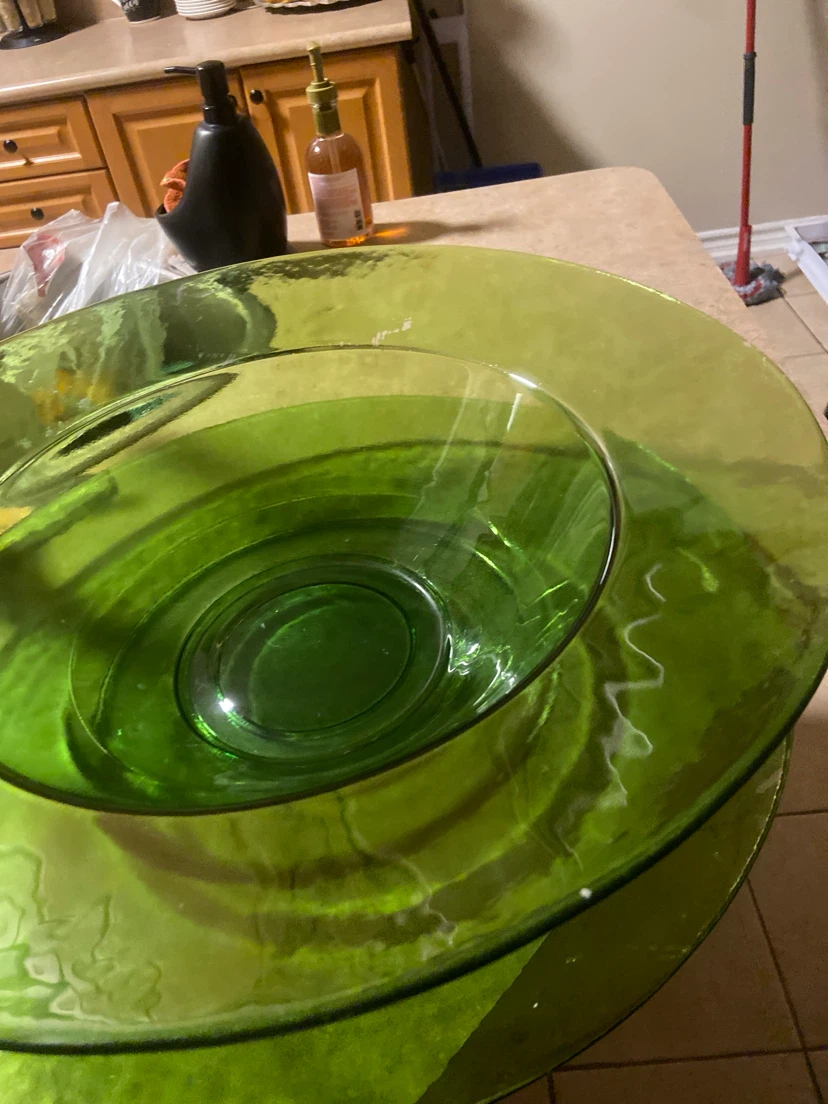 Green Glass  big Bowl and Plate - photo 2