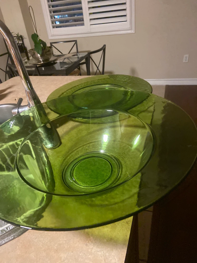 Green Glass  big Bowl and Plate - photo 4