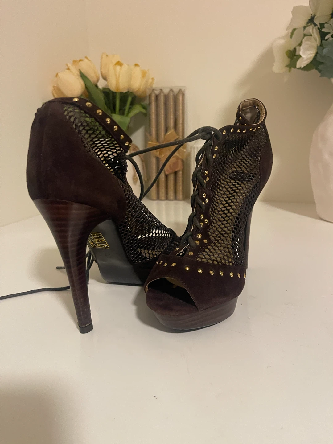 Women's Brown Lace-Up Peep-Toe Heels