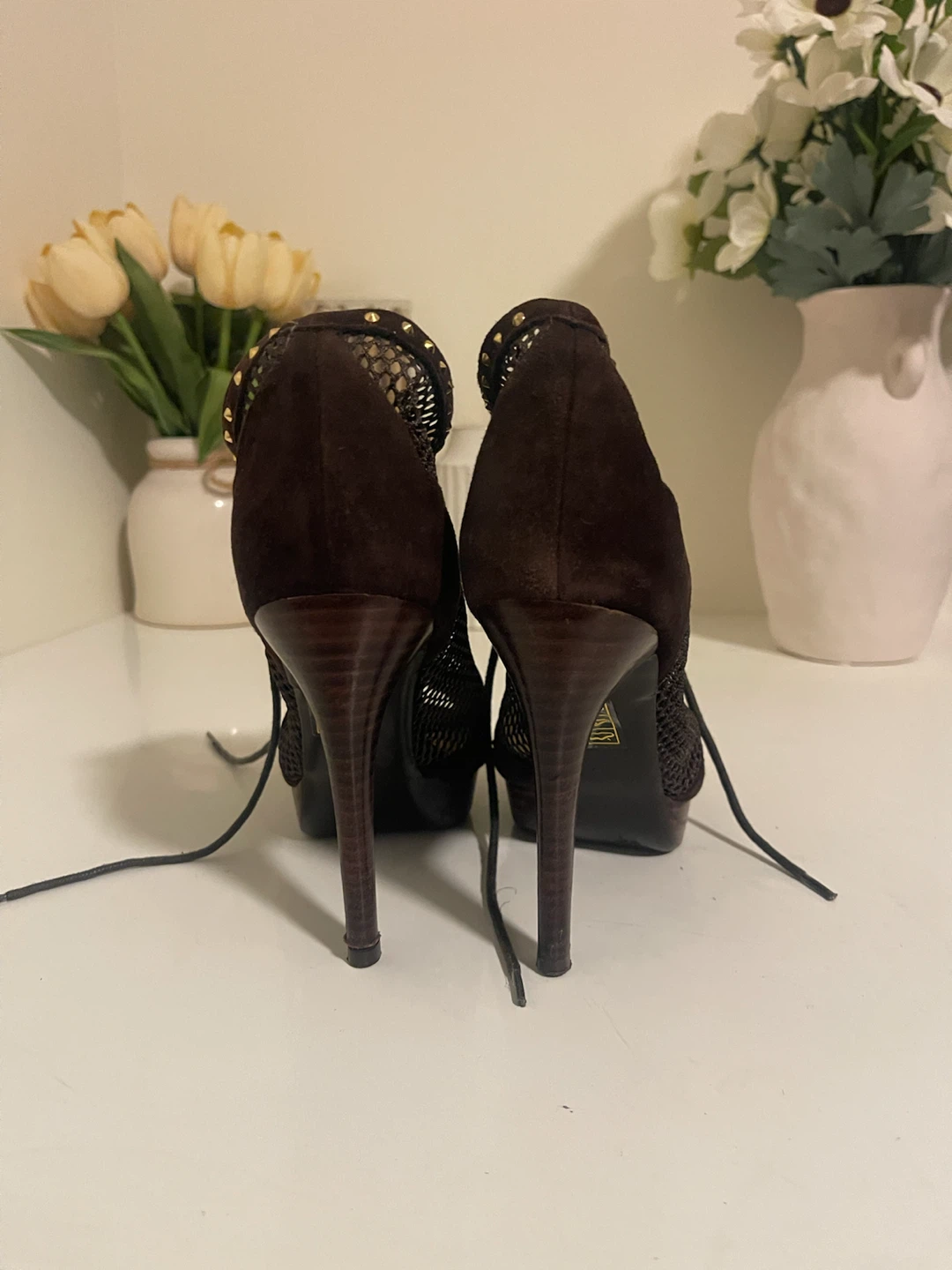 Women's Brown Lace-Up Peep-Toe Heels - photo 2