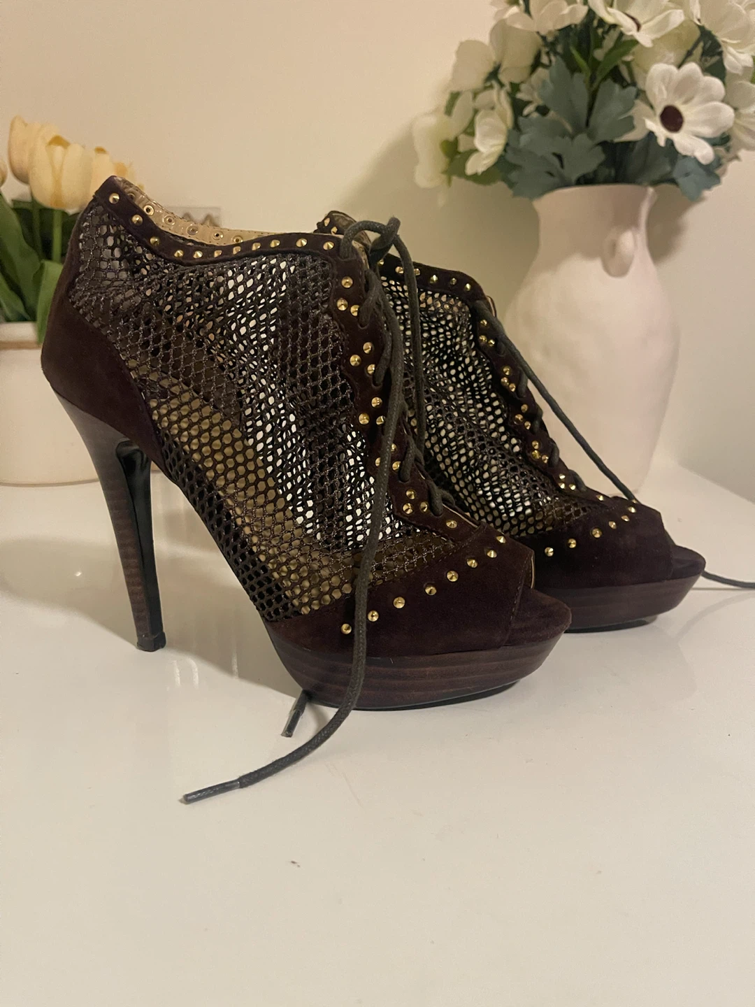 Women's Brown Lace-Up Peep-Toe Heels - photo 3
