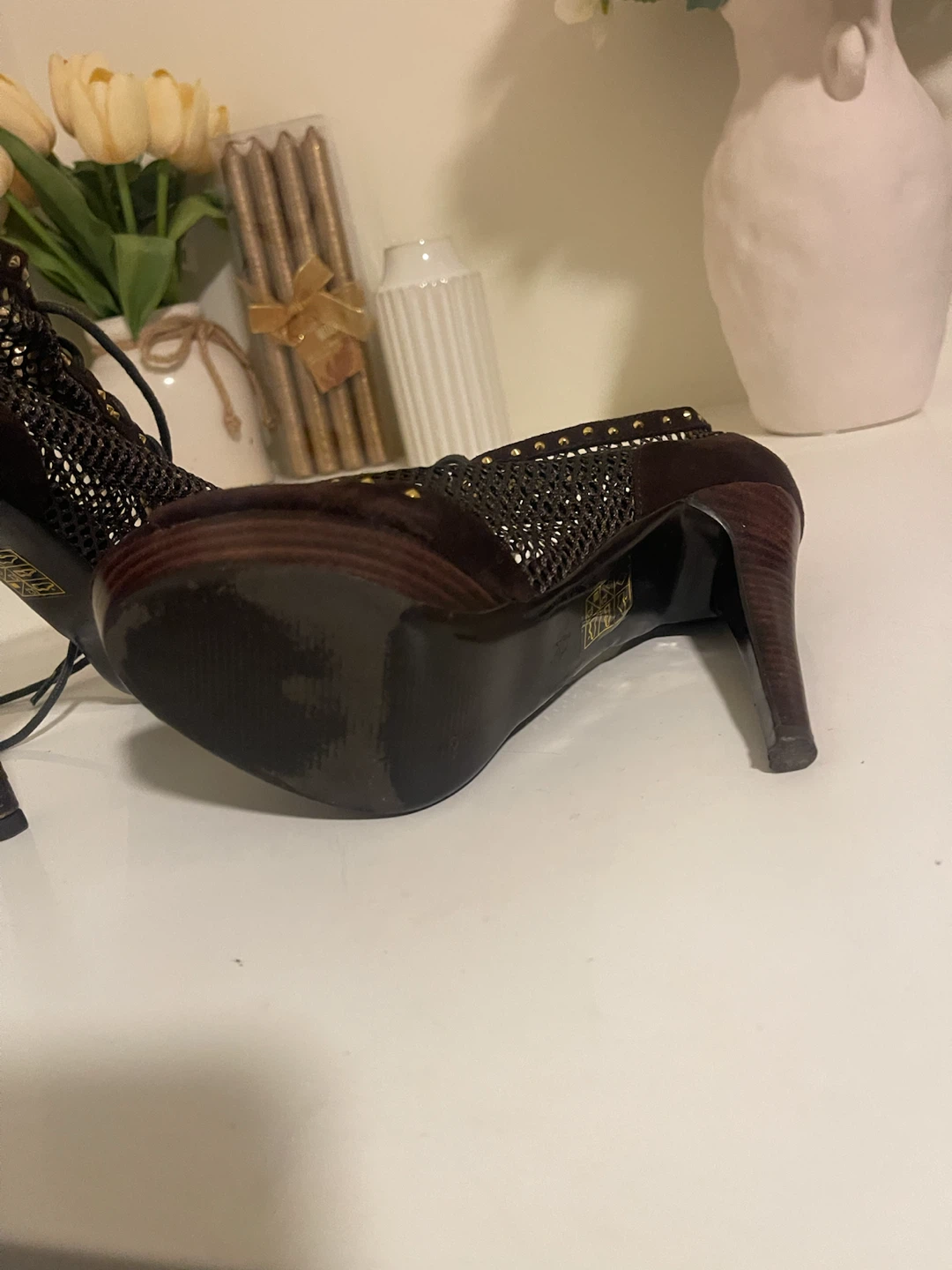 Women's Brown Lace-Up Peep-Toe Heels - photo 4