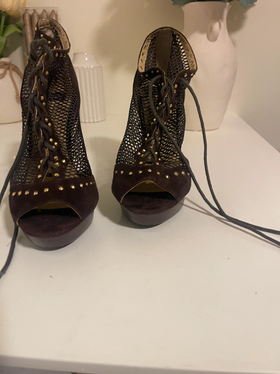 Women's Brown Lace-Up Peep-Toe Heels - photo 5