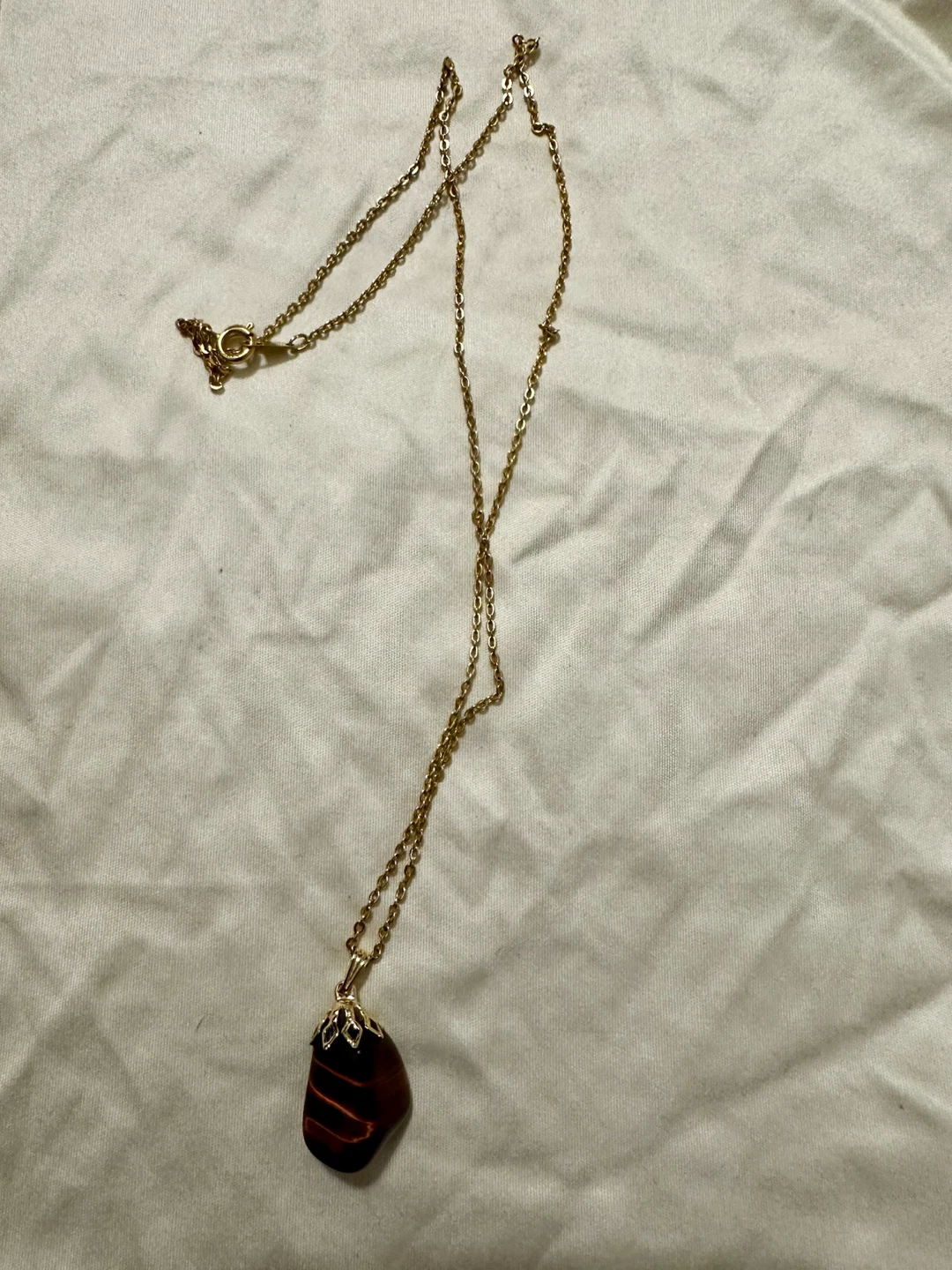 Gold Tone Pendant Necklace with Tiger's Eye Stone