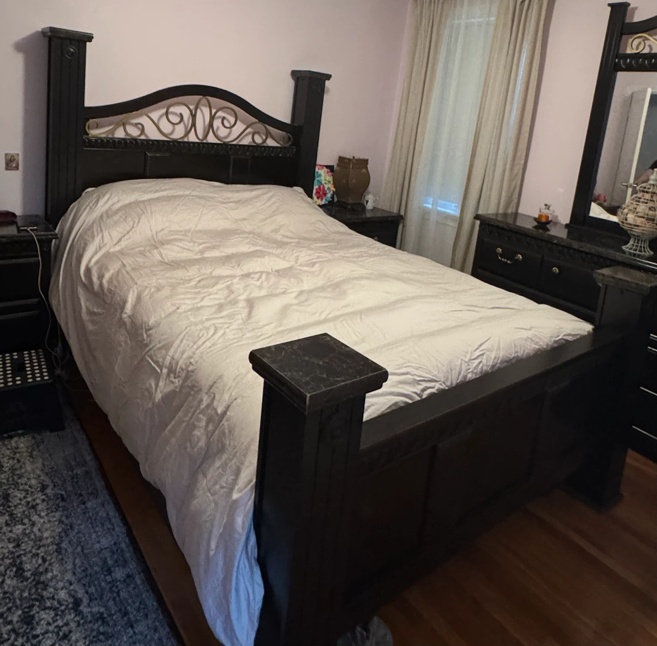 Dark Wood Bedroom Set - Dresser, Bed Frame & Nightstand