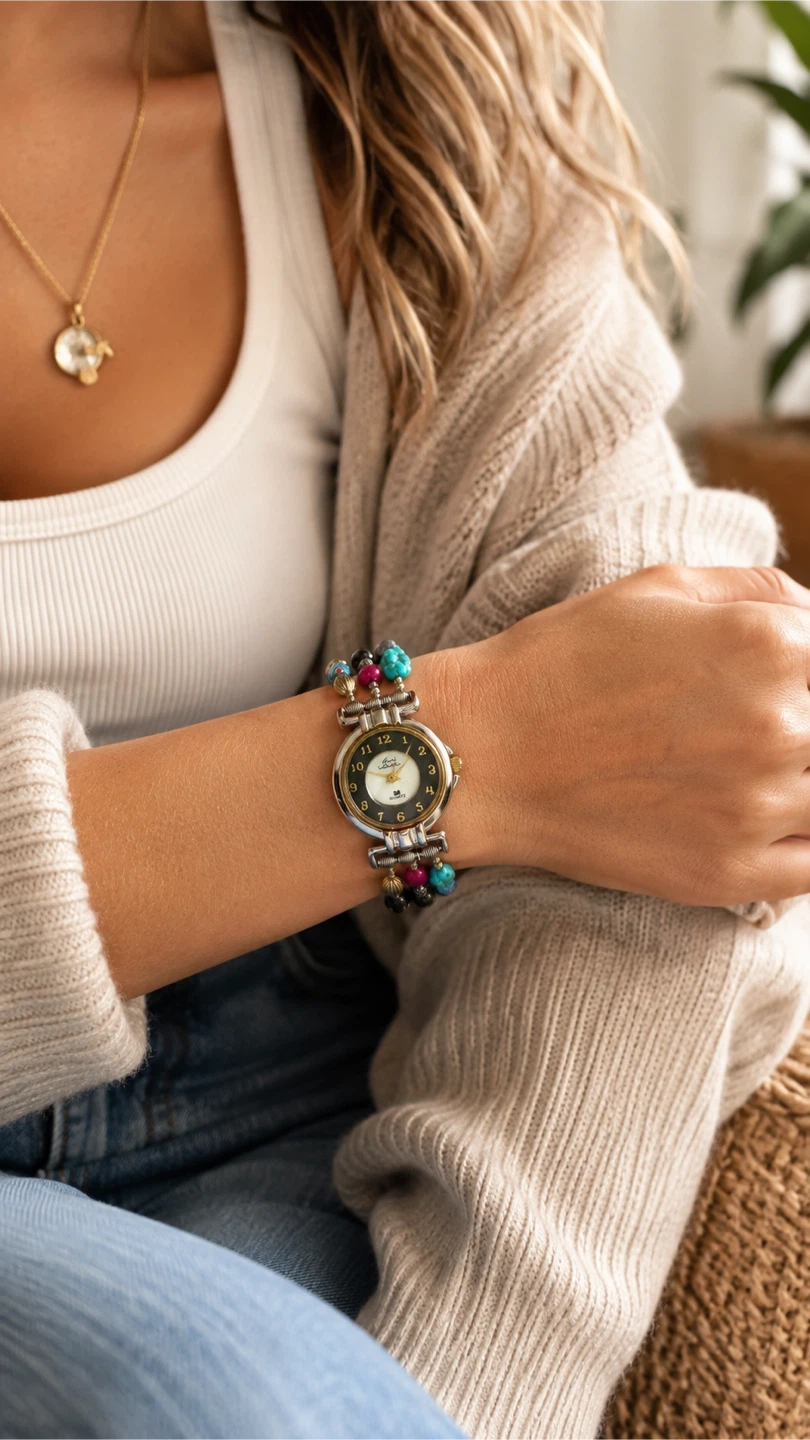 RARE Vintage Gloria Vanderbilt Beaded Quartz Bracelet Watch - photo 3