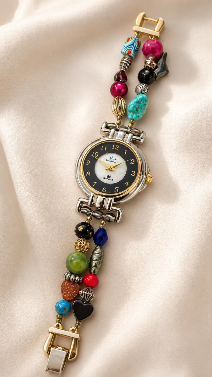 RARE Vintage Gloria Vanderbilt Beaded Quartz Bracelet Watch - photo 4