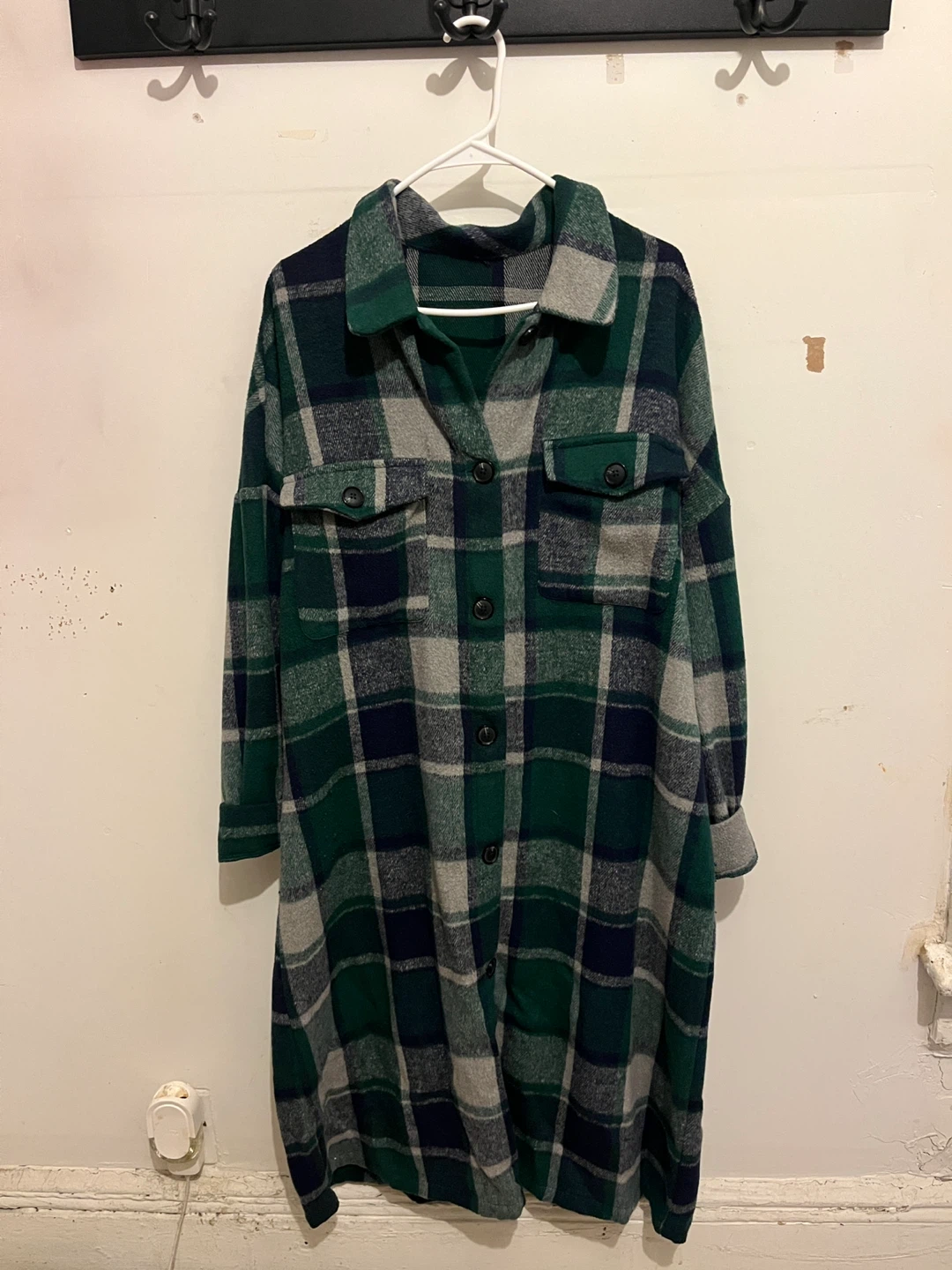 Woman's Green Plaid Long Button Shacket