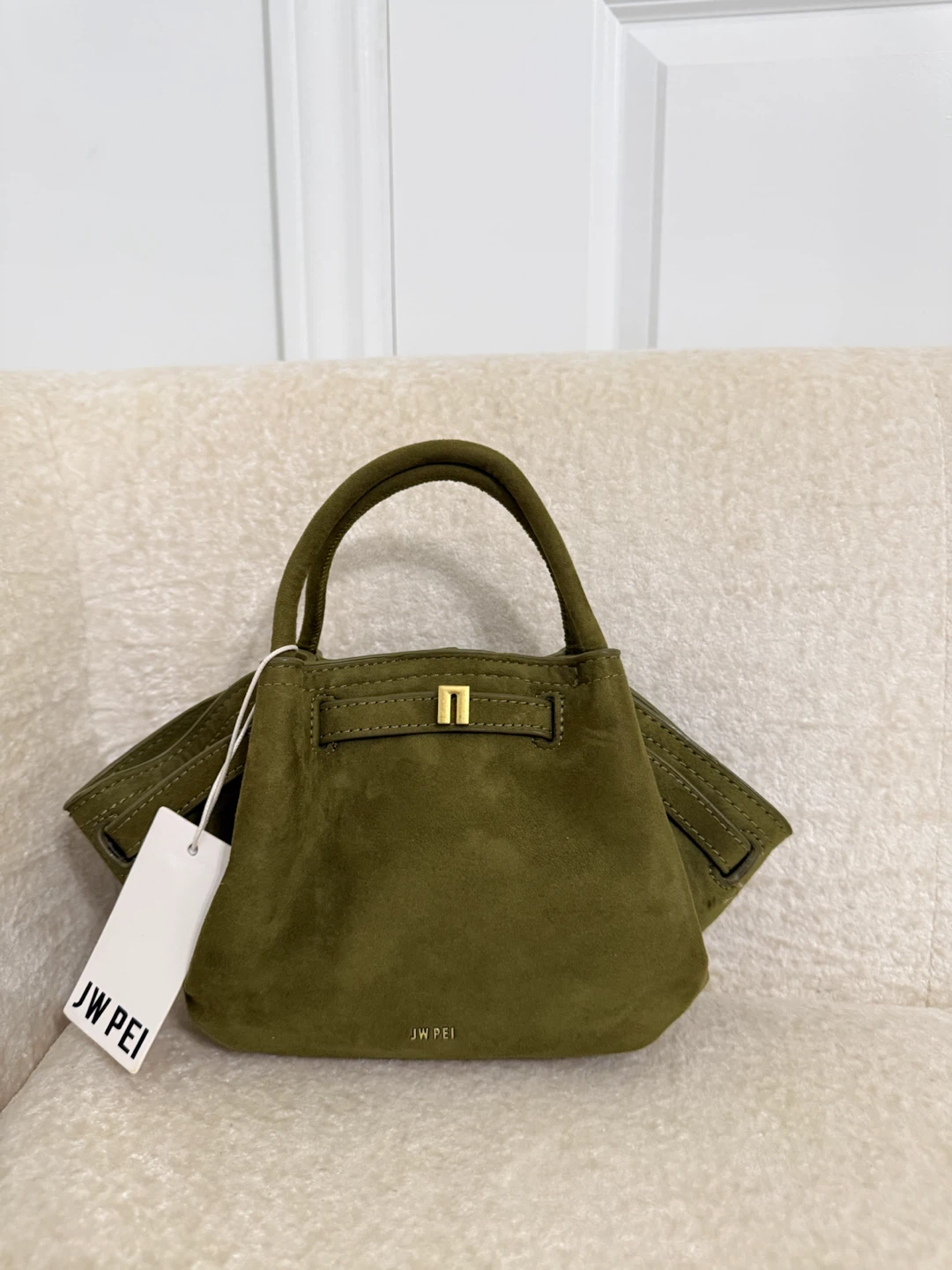JW Pei Green Suede Top Handle Bag. Small
