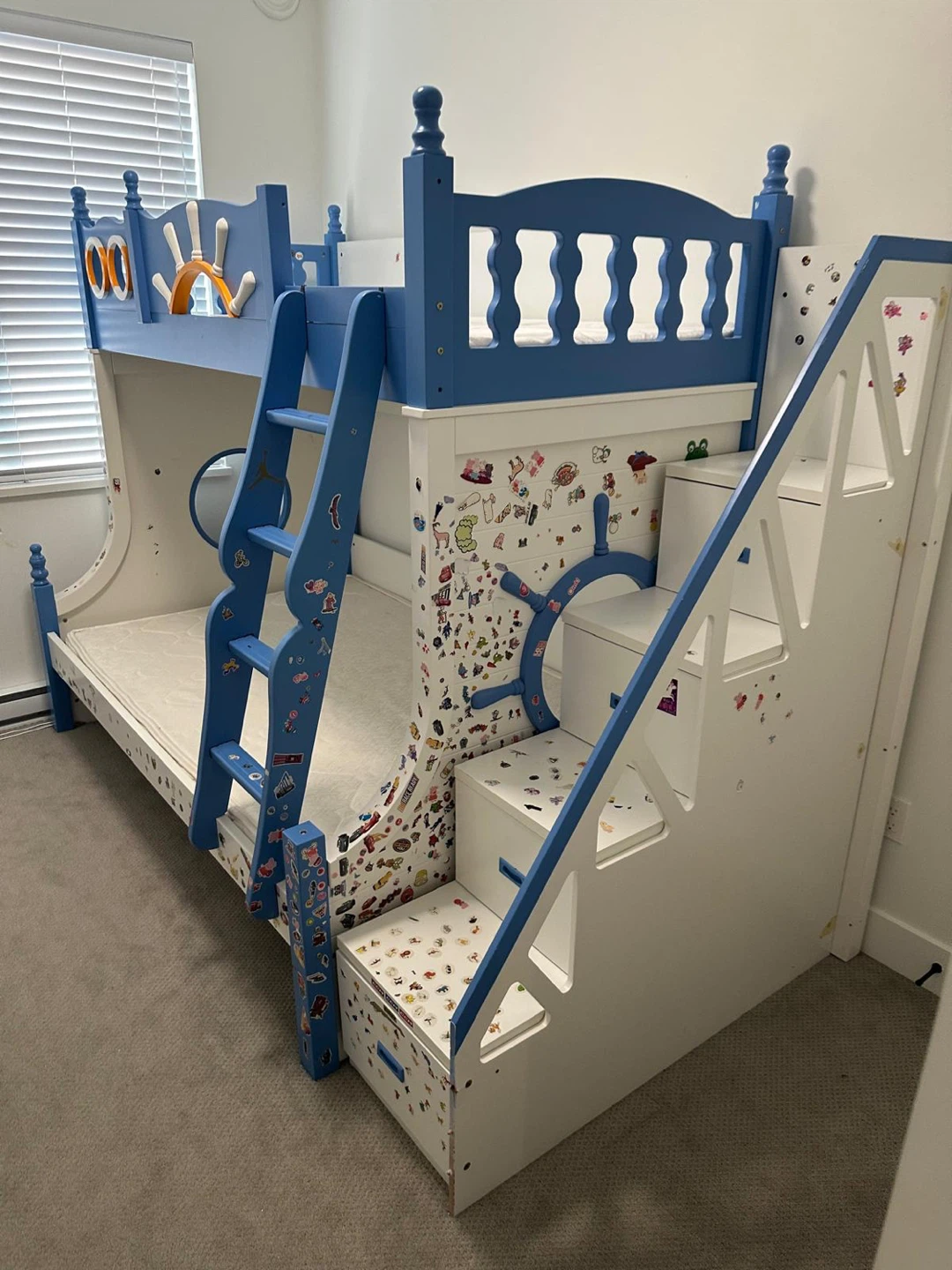 Blue and White Bunk Bed with Stairs