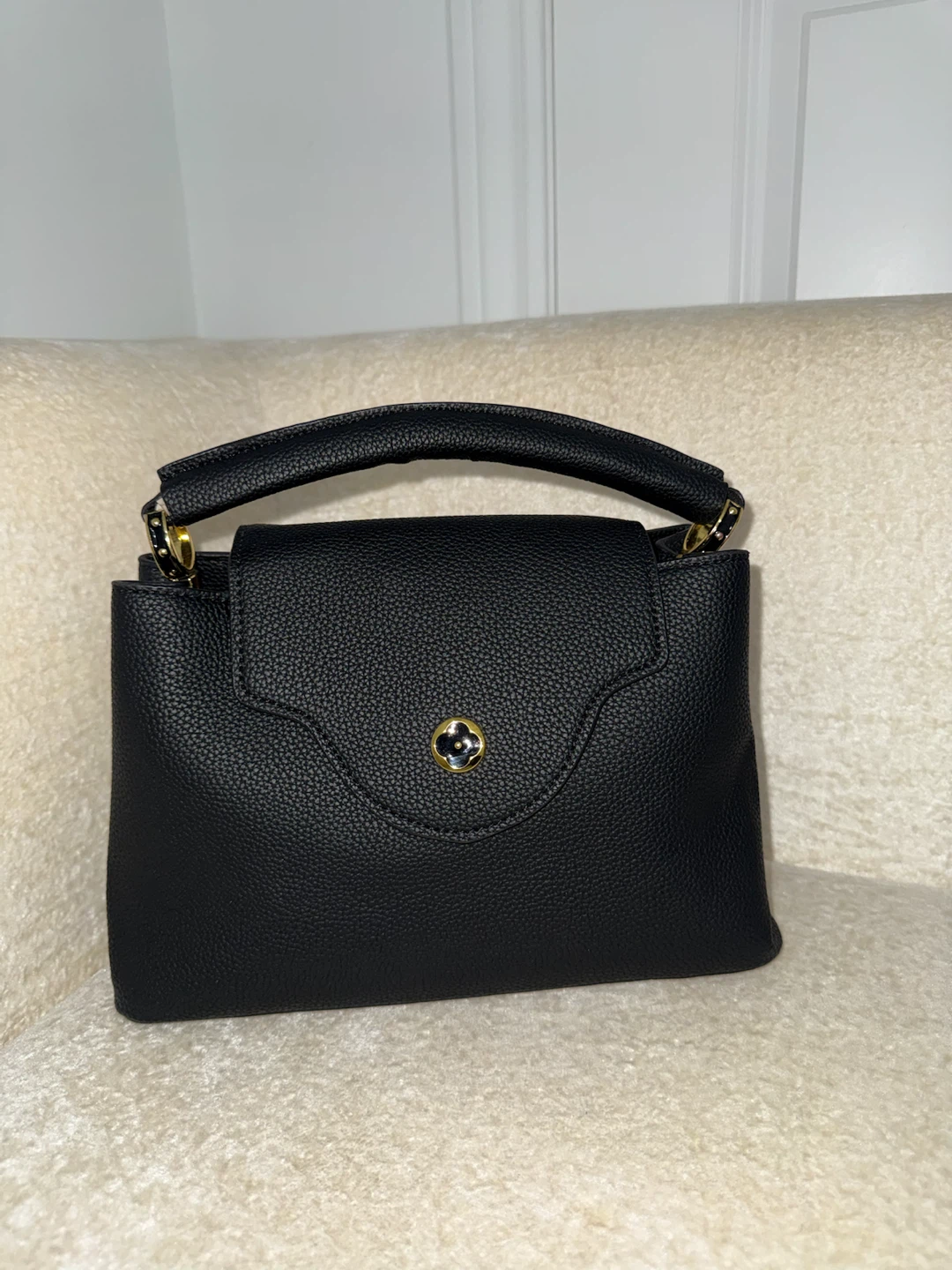 Black Leather Top Handle Handbag with Gold Chain Strap
