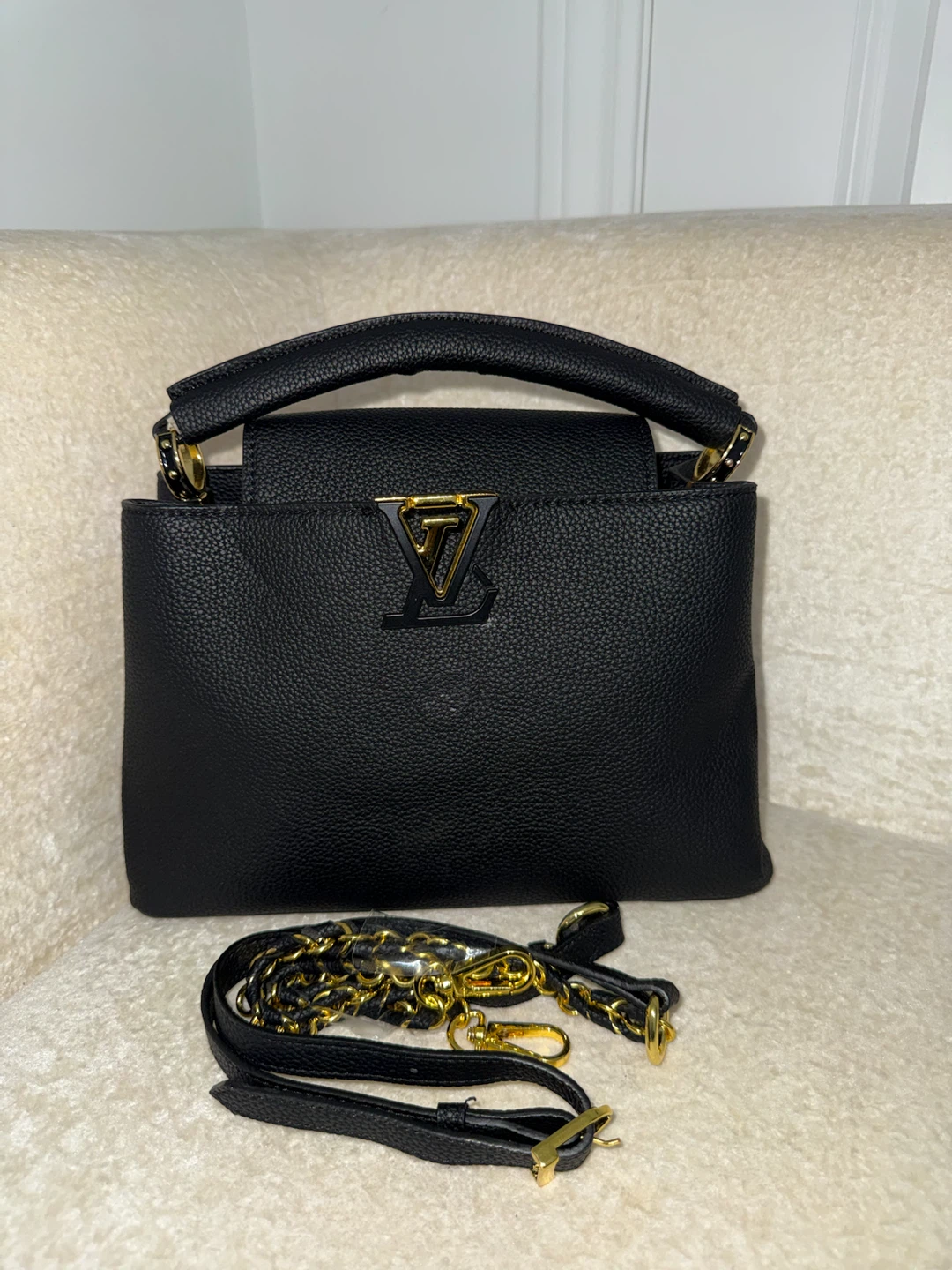 Black Leather Top Handle Handbag with Gold Chain Strap - photo 2