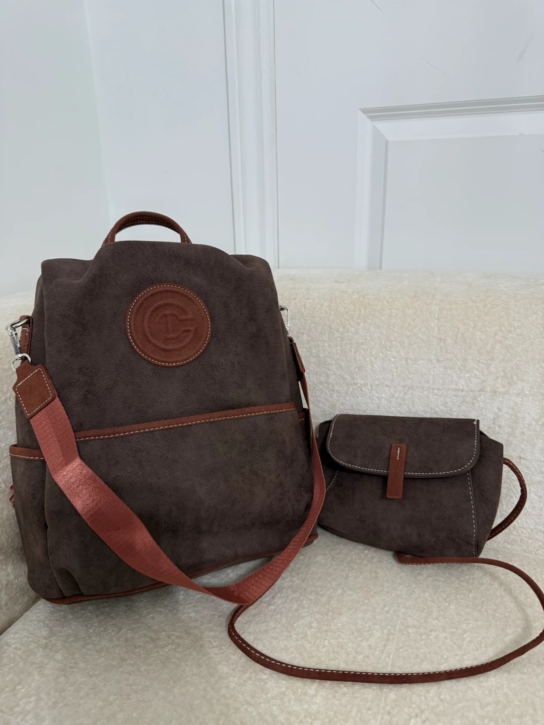 Brown Suede Backpack and Matching Purse Set