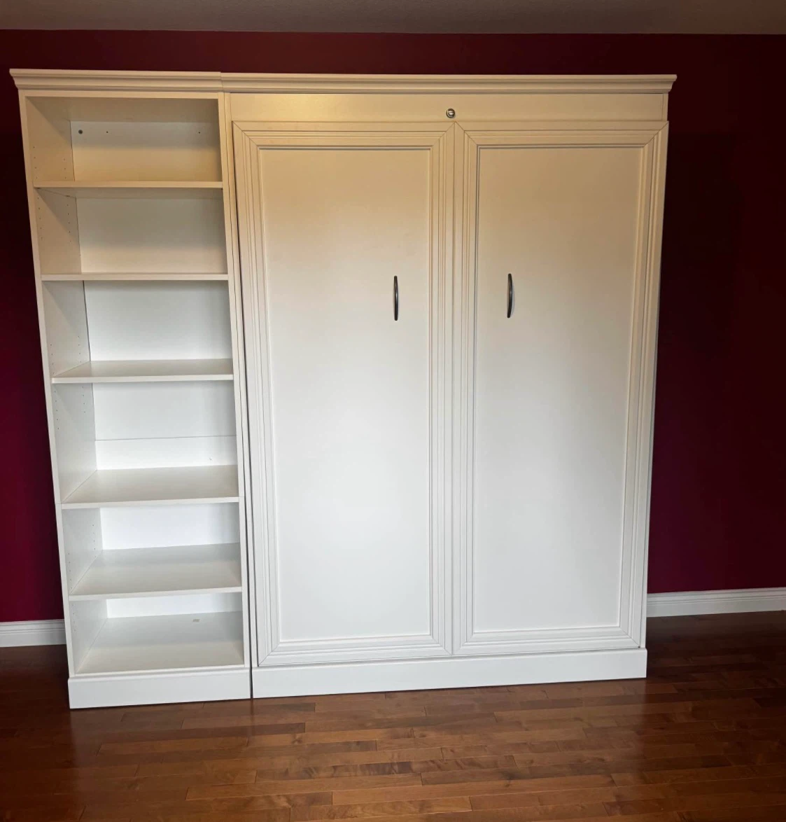 White Murphy Bed with Built-in Bookshelf