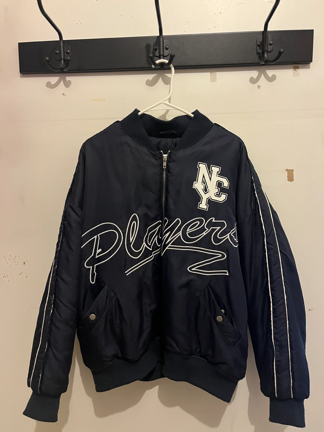 Misguided Navy Oversized Players Bomber Jacket | Varsity Style |