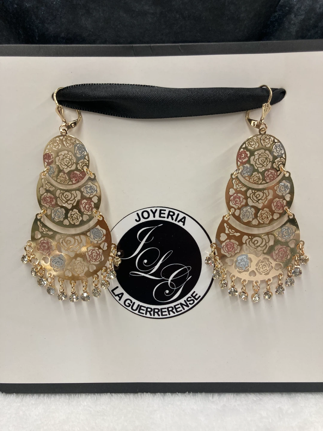 Gold Dangle Earrings with Rose Design - photo 2