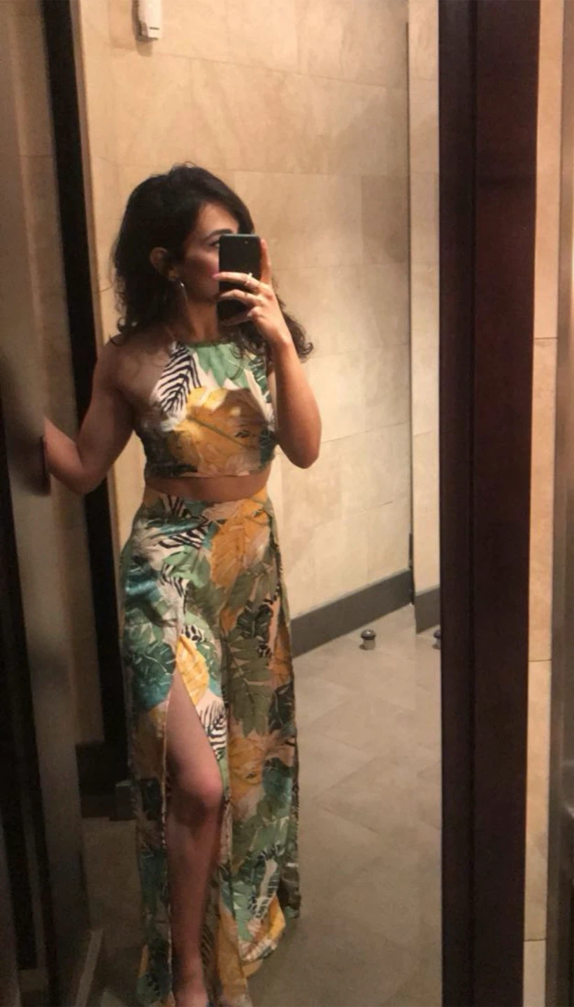 Tropical Print Halter Crop Top & Wide Leg Slit Pants Set