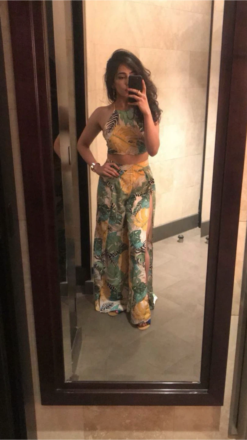 Tropical Print Halter Crop Top & Wide Leg Slit Pants Set - photo 2