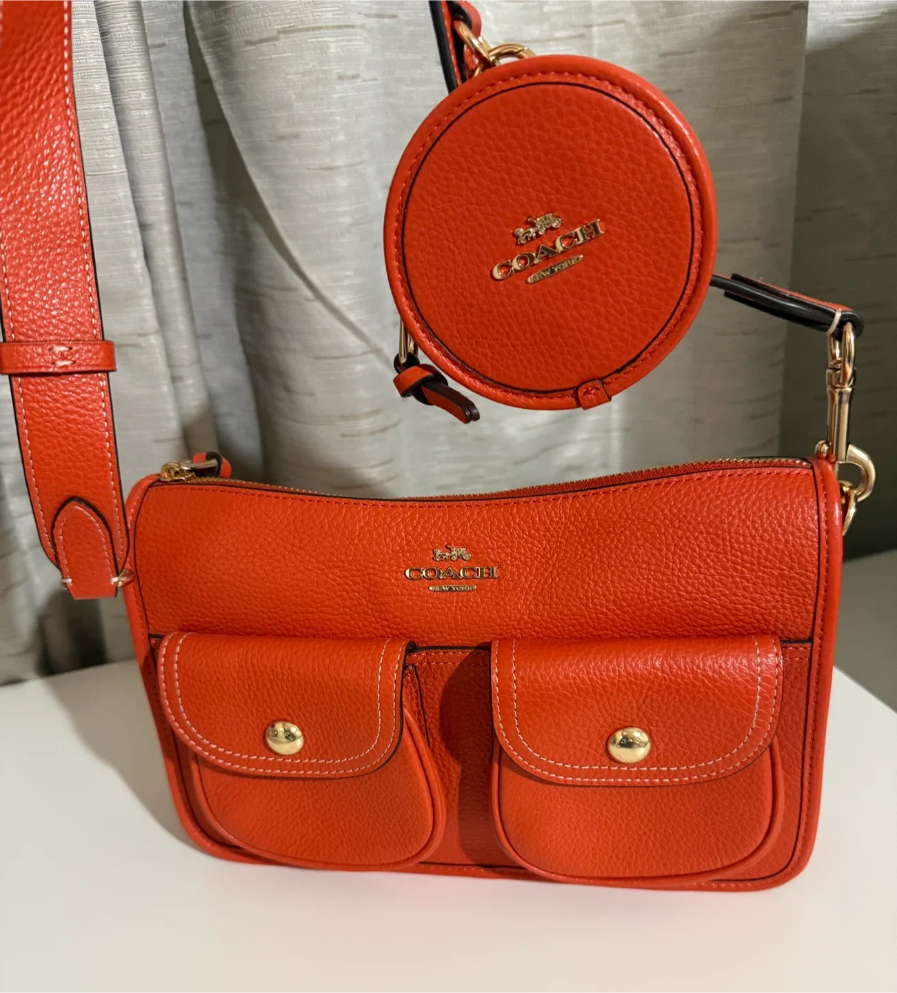 Coach Orange Leather Shoulder Bag with Coin Pouch