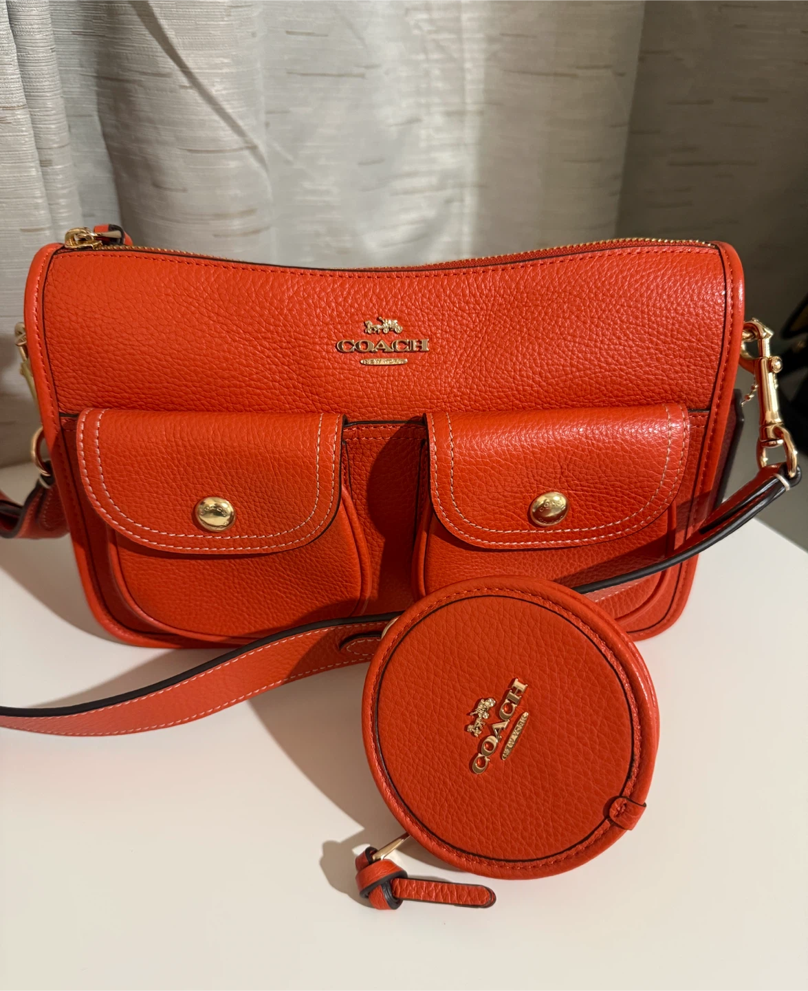 Coach Orange Leather Shoulder Bag with Coin Pouch - photo 2