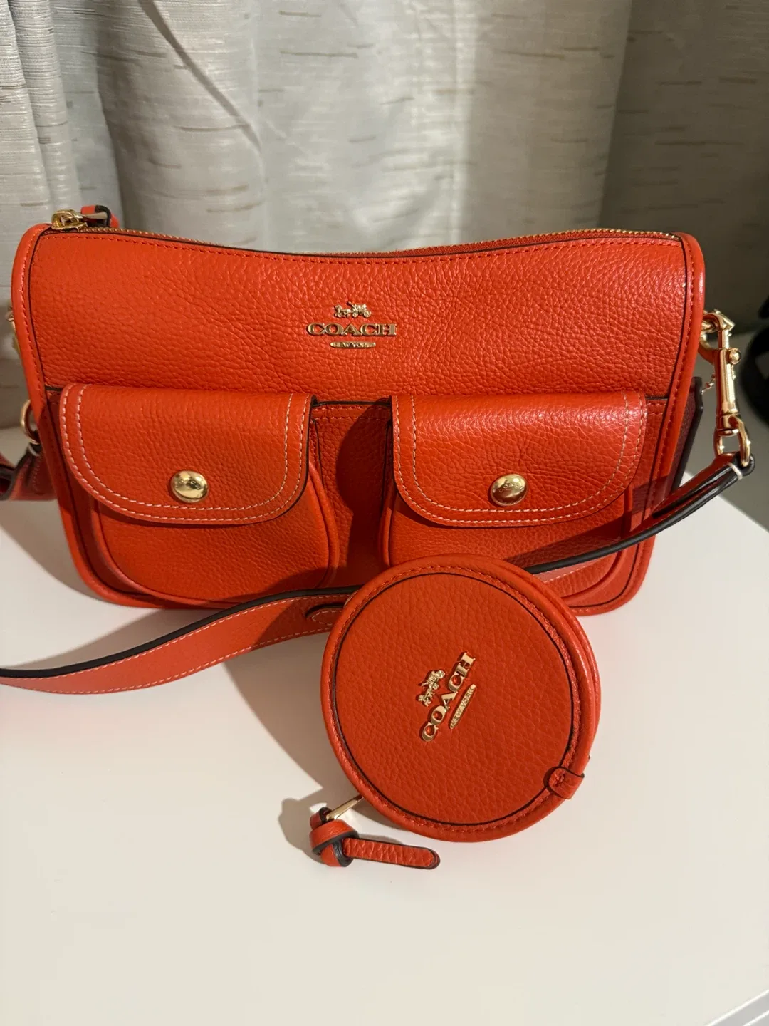 Coach Orange Leather Shoulder Bag with Coin Pouch - photo 3