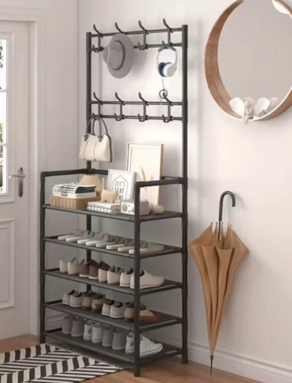 Metal Hall Tree Shoe Rack with Coat Hooks (Black or White)